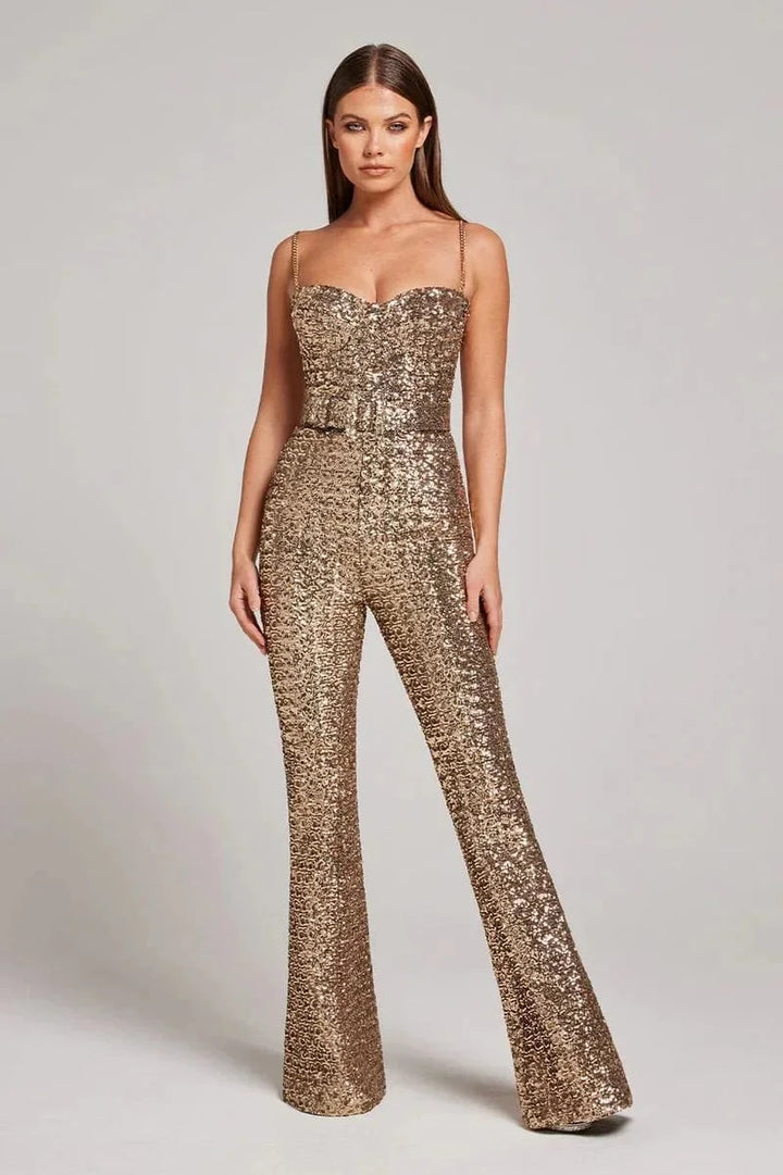 Glamorous women's strapless glitter jumpsuit, dazzling fabric & waist belt, a perfect choice for evening parties.