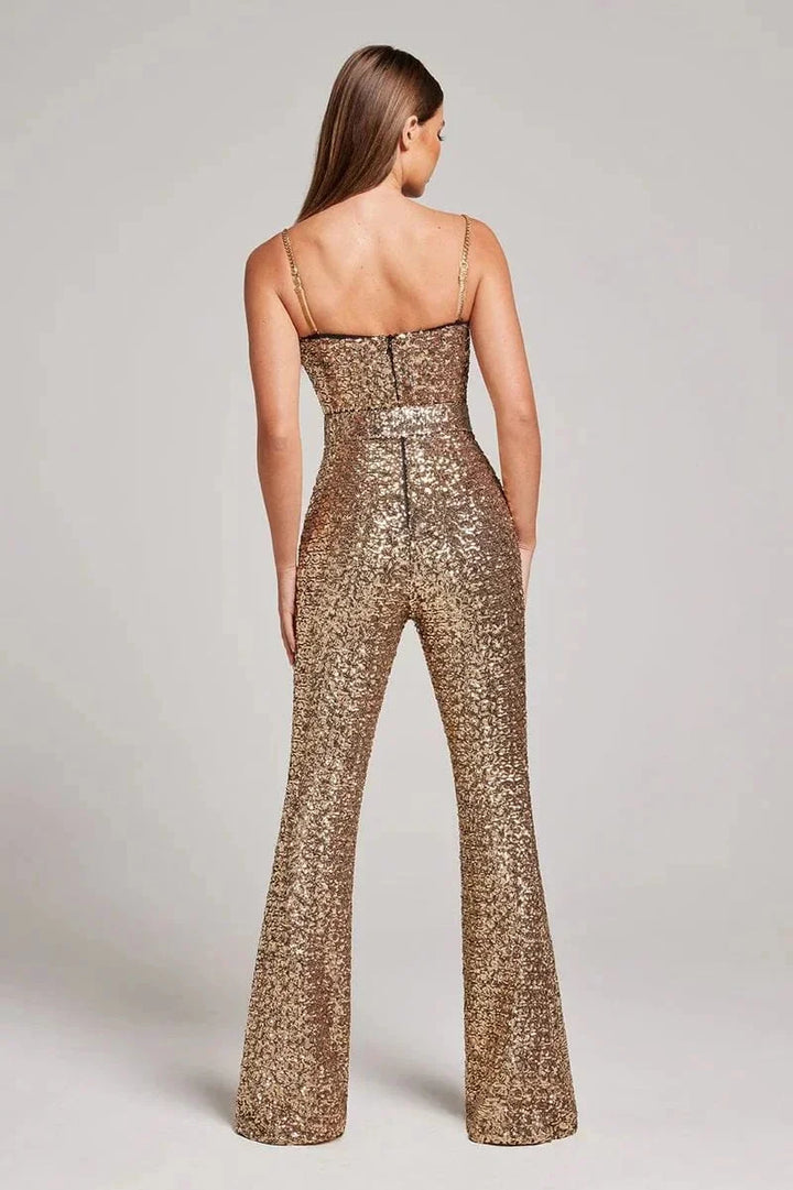 Luxurious sparkling women's jumpsuit, strapless design, glitter fabric with a stylish waist belt, party-ready.
