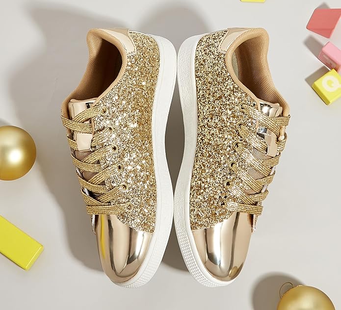 Women's sparkling glitter lace-up fashion sneakers, perfect for everyday glam & comfort.