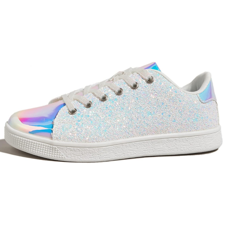 High-fashion women's glitter lace-up sneakers, ideal for adding sparkle to any casual outfit.