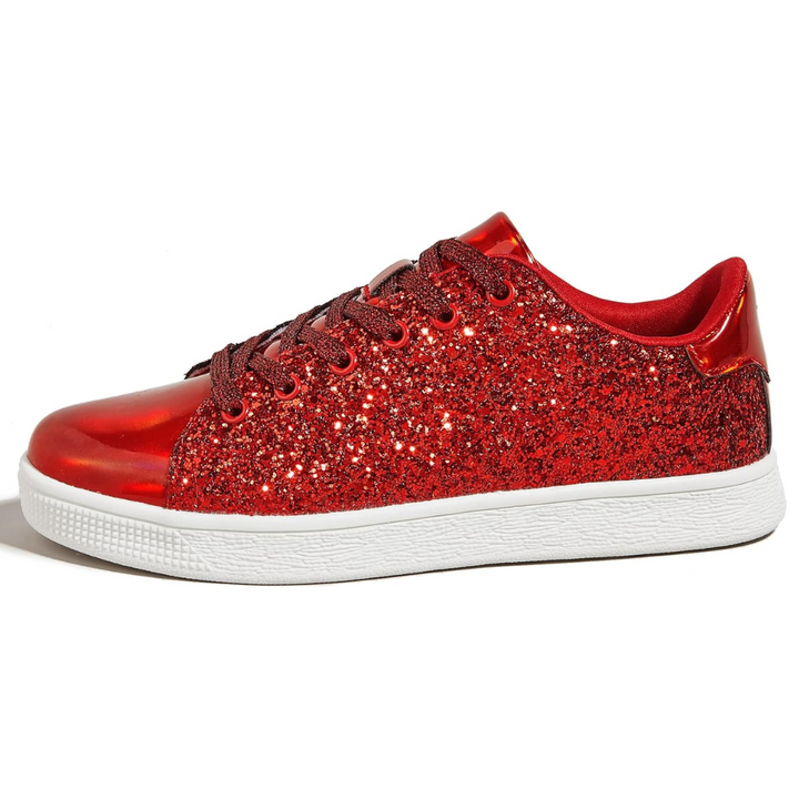 Trending ladies' glitter shoes: lace-up sneakers offering both style and everyday comfort.
