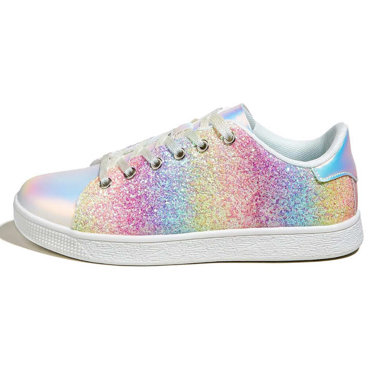 A pair of women's sparkling glitter lace-up sneakers, ready to elevate casual attire.
