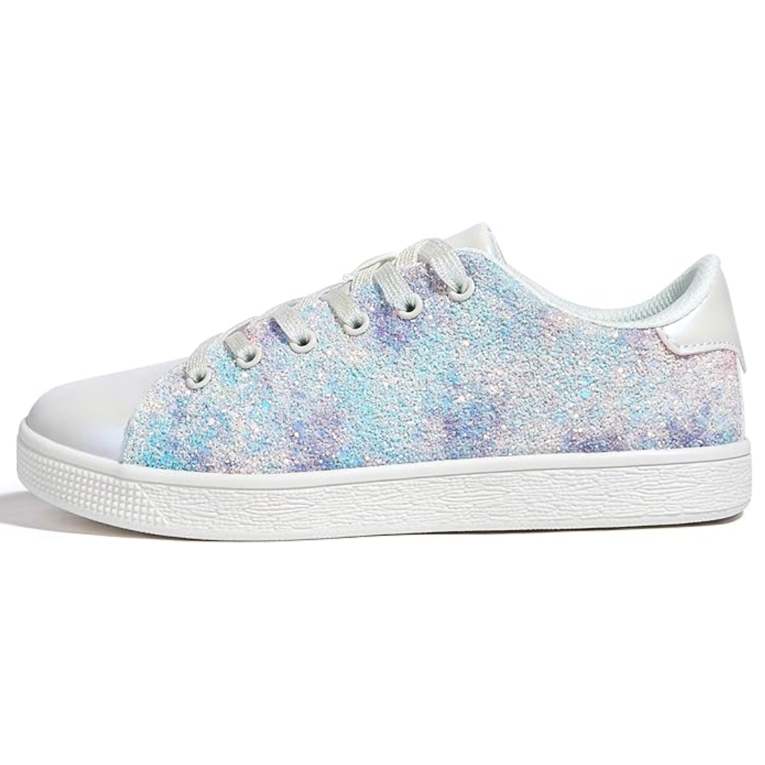 Women's fashionable glitter sneakers, featuring a secure lace-up closure for a snug fit.