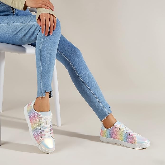 Glitter lace-up sneakers for women, offering a blend of casual style & glamorous appeal.