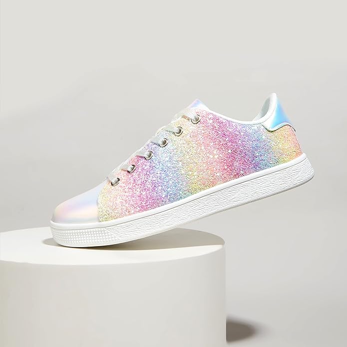 Trending women's casual footwear: glitter sneakers with secure lace-up and comfy sole.