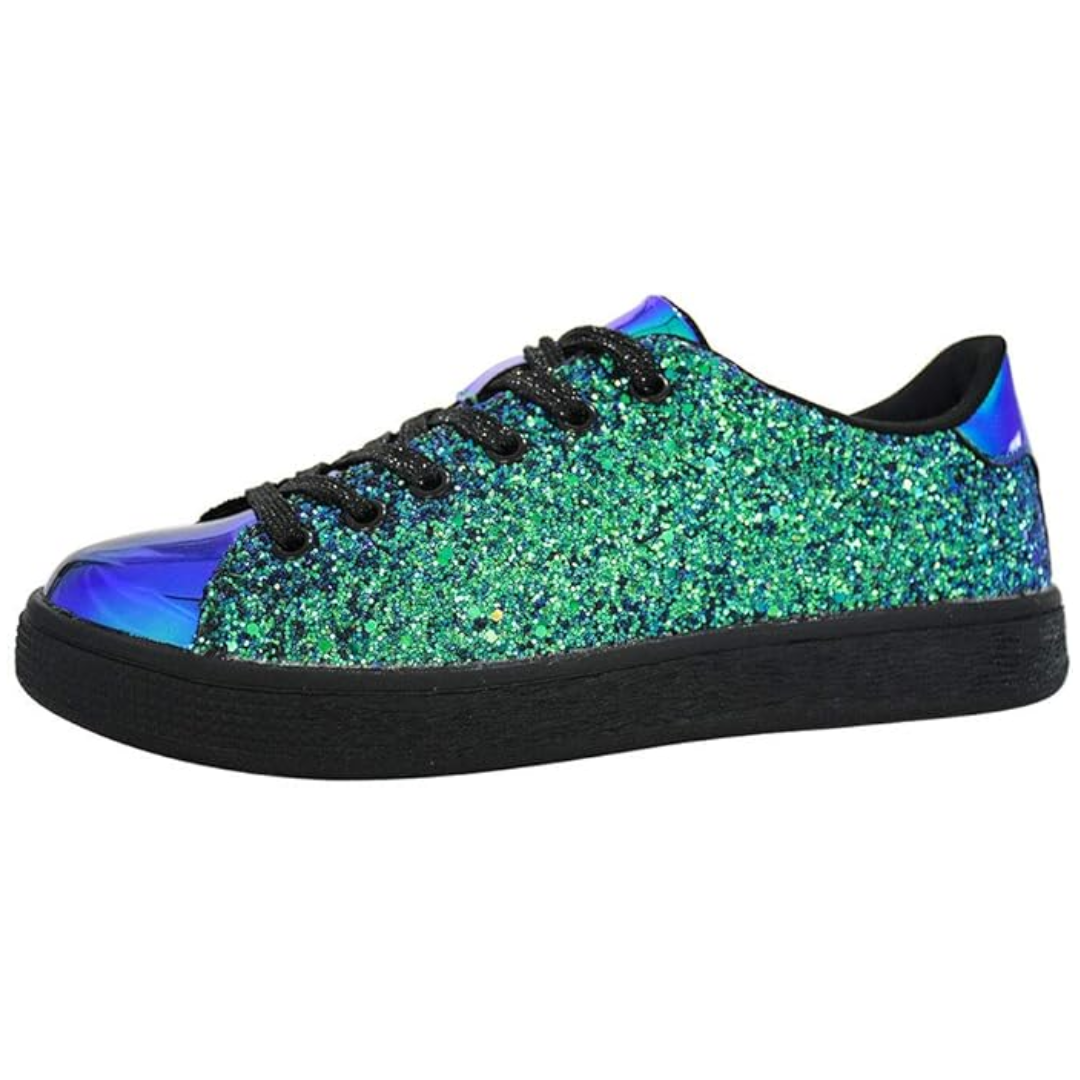 Dazzling women's lace-up fashion sneakers, embellished with all-over sparkling glitter.