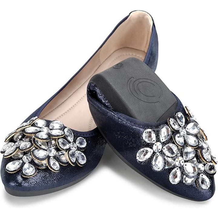 Practical foldable rhinestone travel flats for women, comfortable & sparkling.