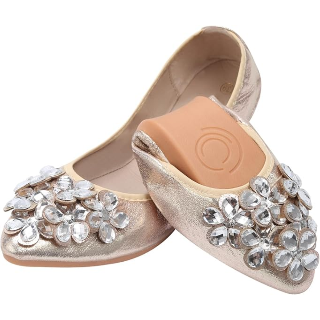 Elegant women's ballet flats with sparkling rhinestones, comfortable chic footwear.