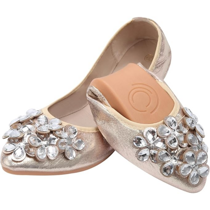 Elegant women's ballet flats with sparkling rhinestones, comfortable chic footwear.