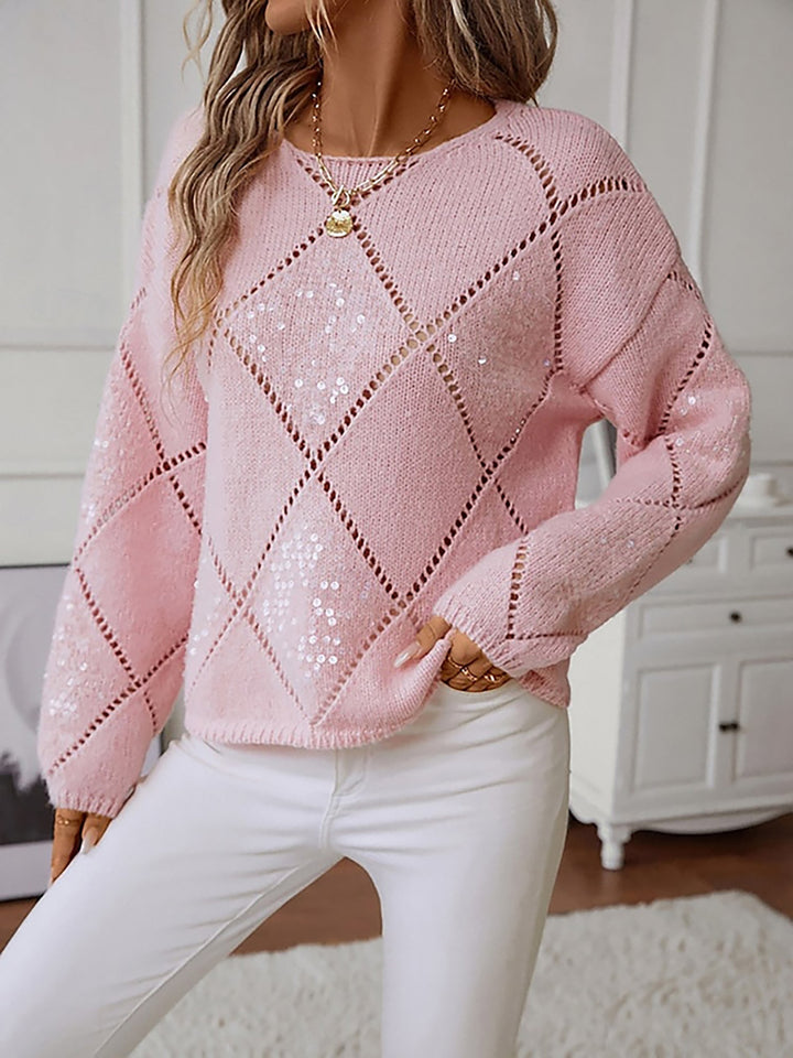 Versatile women's sequin knit sweater, crew neck, for casual chic or elegant parties.