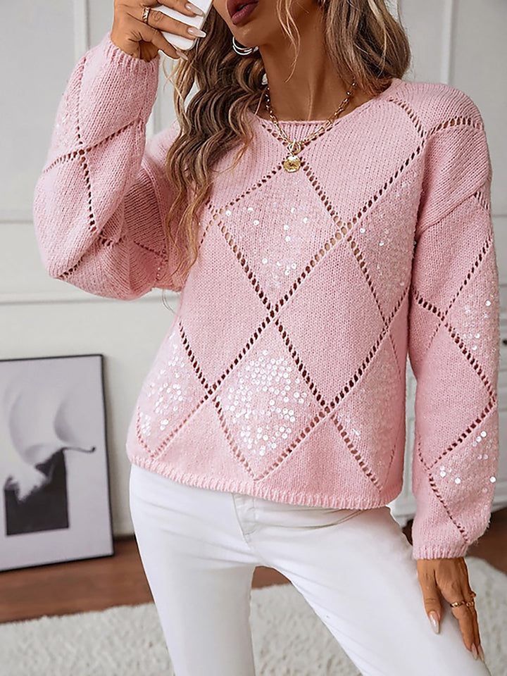 Fashionable women's sparkling knit sweater, crew neck, ideal for festive party wear.