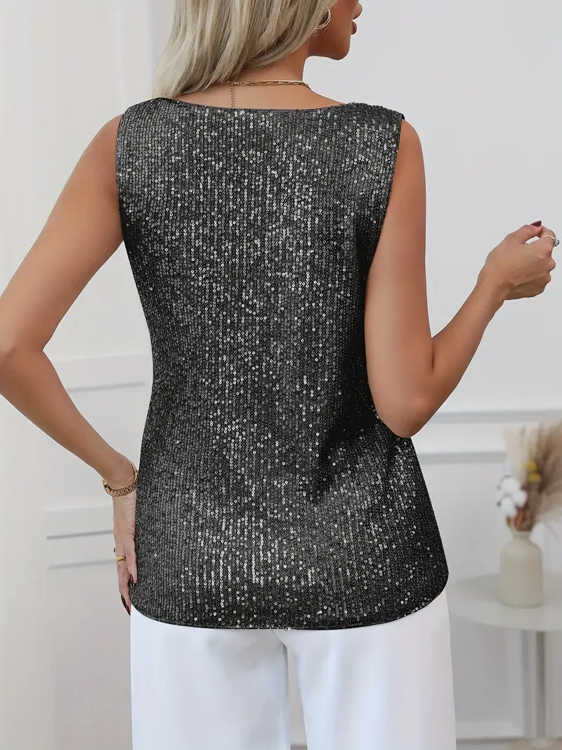 Fashionable women's V-neck glitter top, ideal for festive parties and elegant evenings.