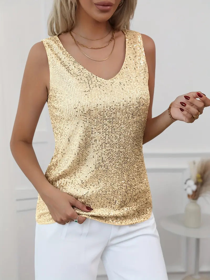 Statement women's V-neck glitter top, perfect for making an impression at parties.