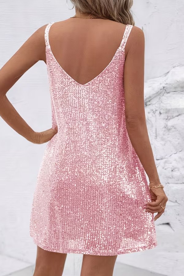 Glamorous sequin homecoming dress for women, with a V-neck and playful mini swing style. Perfect for parties.