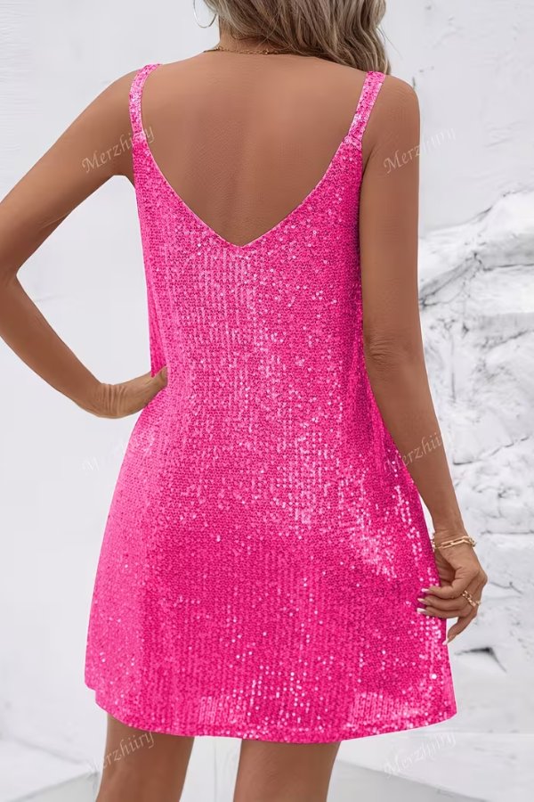 Formal sleeveless sequin V-neck mini dress, a swing style perfect for special party occasions & celebrations.