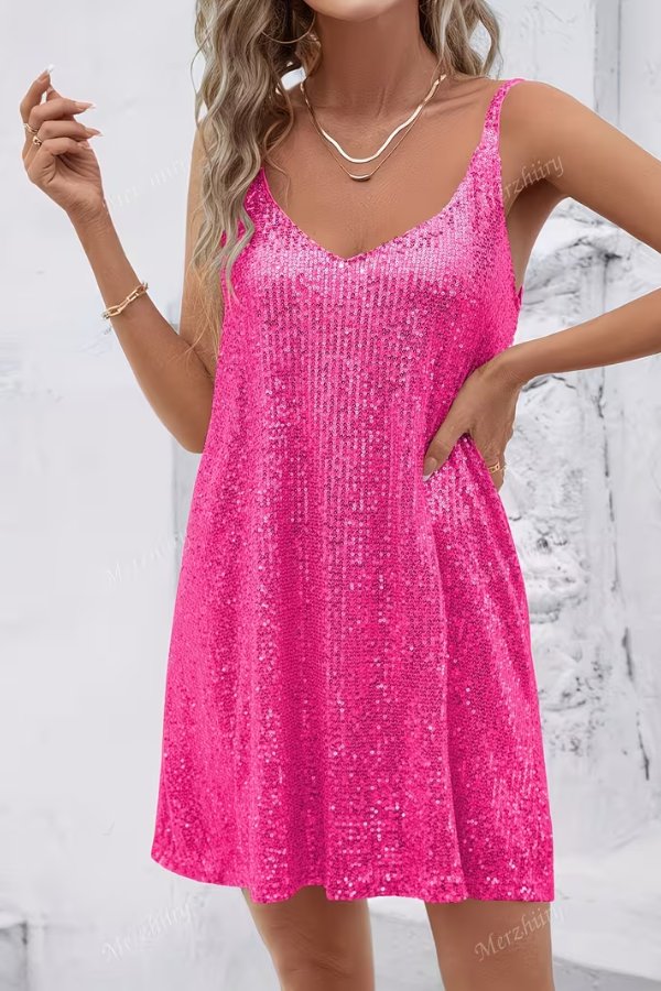 Dazzling V-neck sequin mini swing dress for women, a festive choice for any party, homecoming or celebration.
