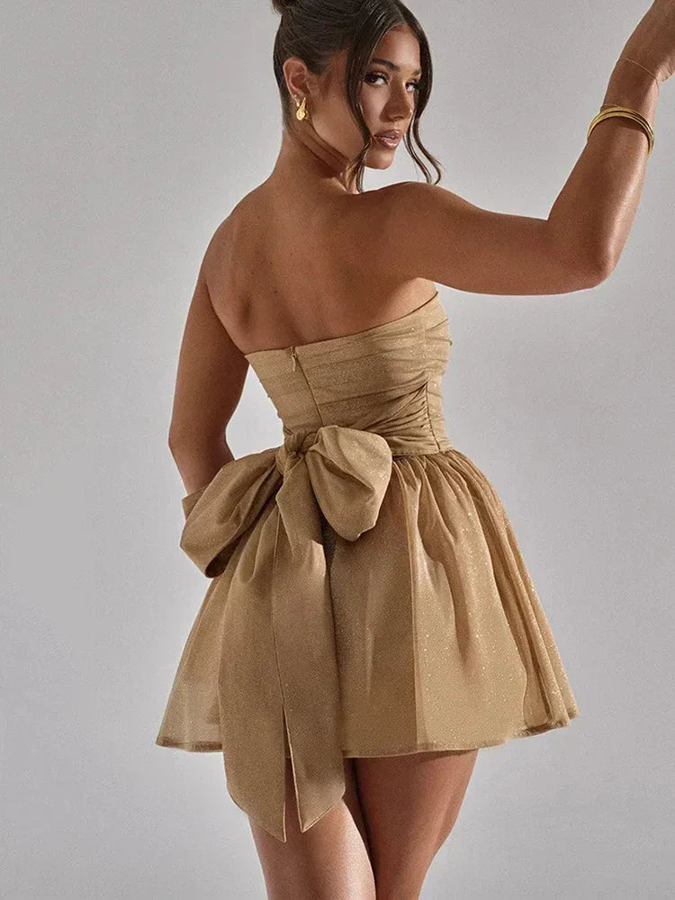 Elegant strapless mini skater homecoming dress with all-over sparkle, ideal for evening parties.