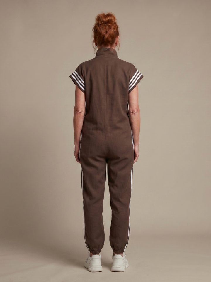 Chic side stripe full-length women's jumpsuit, zip front, perfect for a relaxed summer vibe.