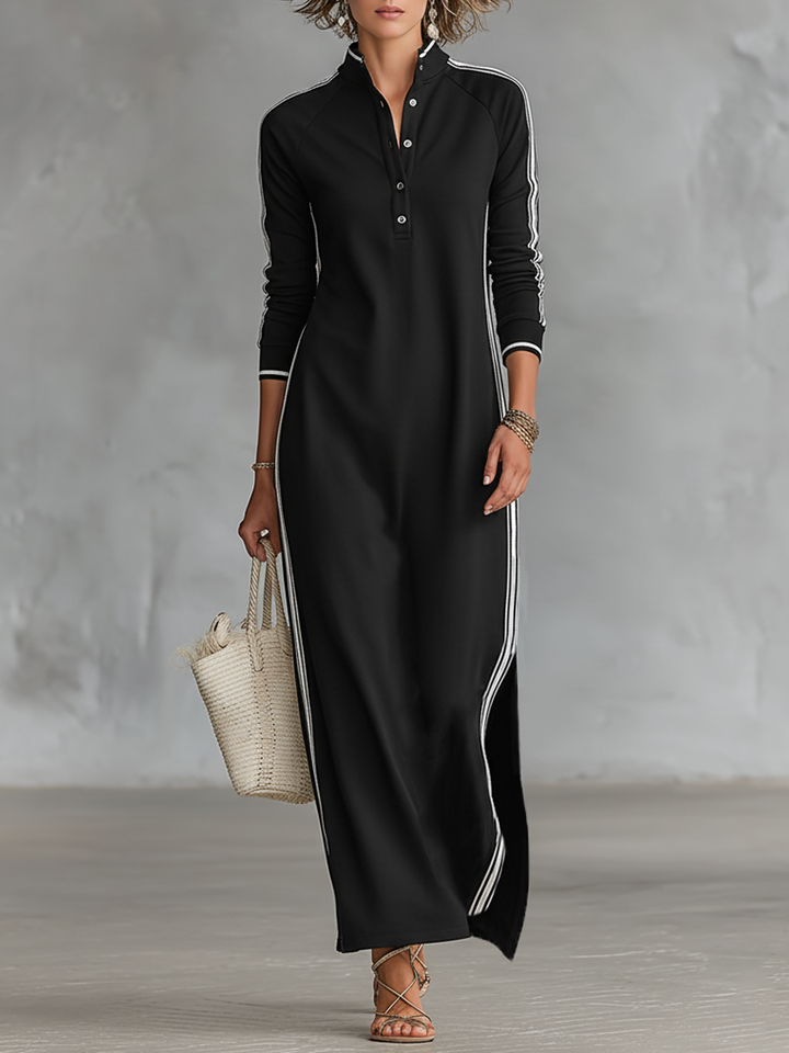 Women's sporty long sleeve maxi dress with stand collar and contrast trim for casual everyday fashion.