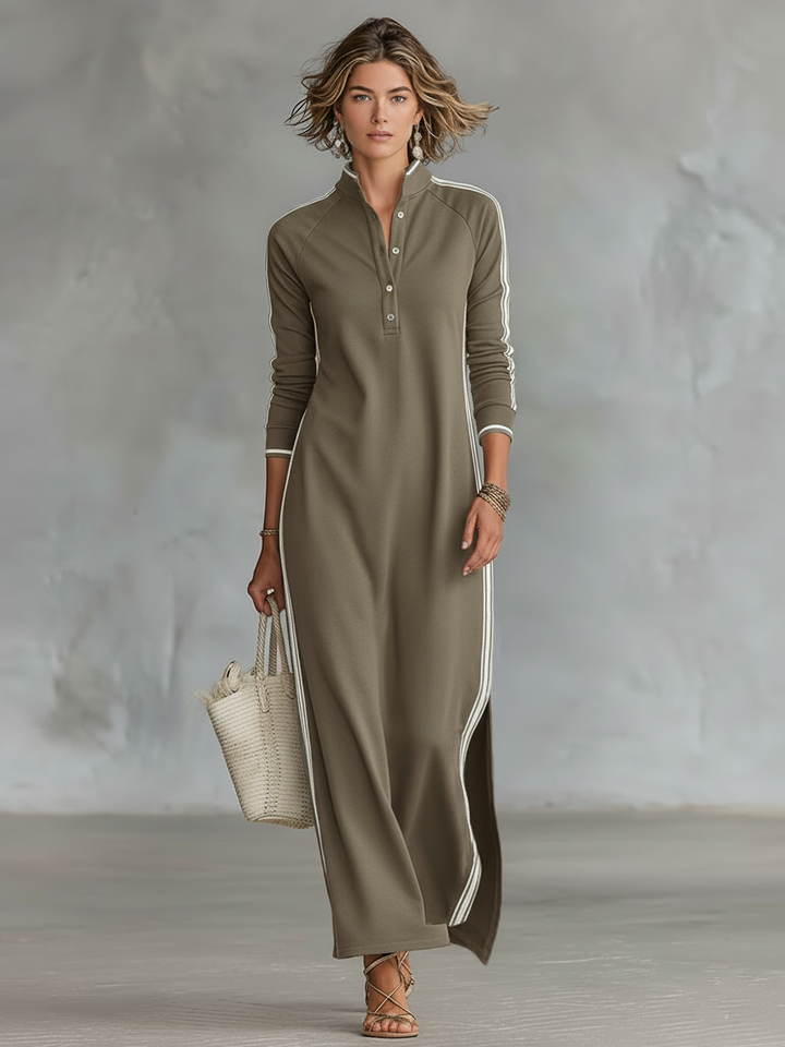Casual women's maxi dress featuring a stand collar, long sleeves, and stylish contrast trim.