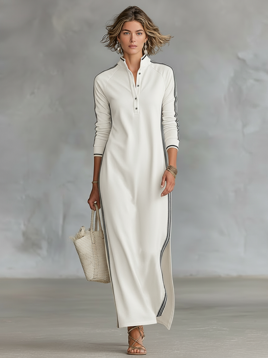 Everyday fashion: sporty long sleeve maxi dress for women, with a chic stand collar design.