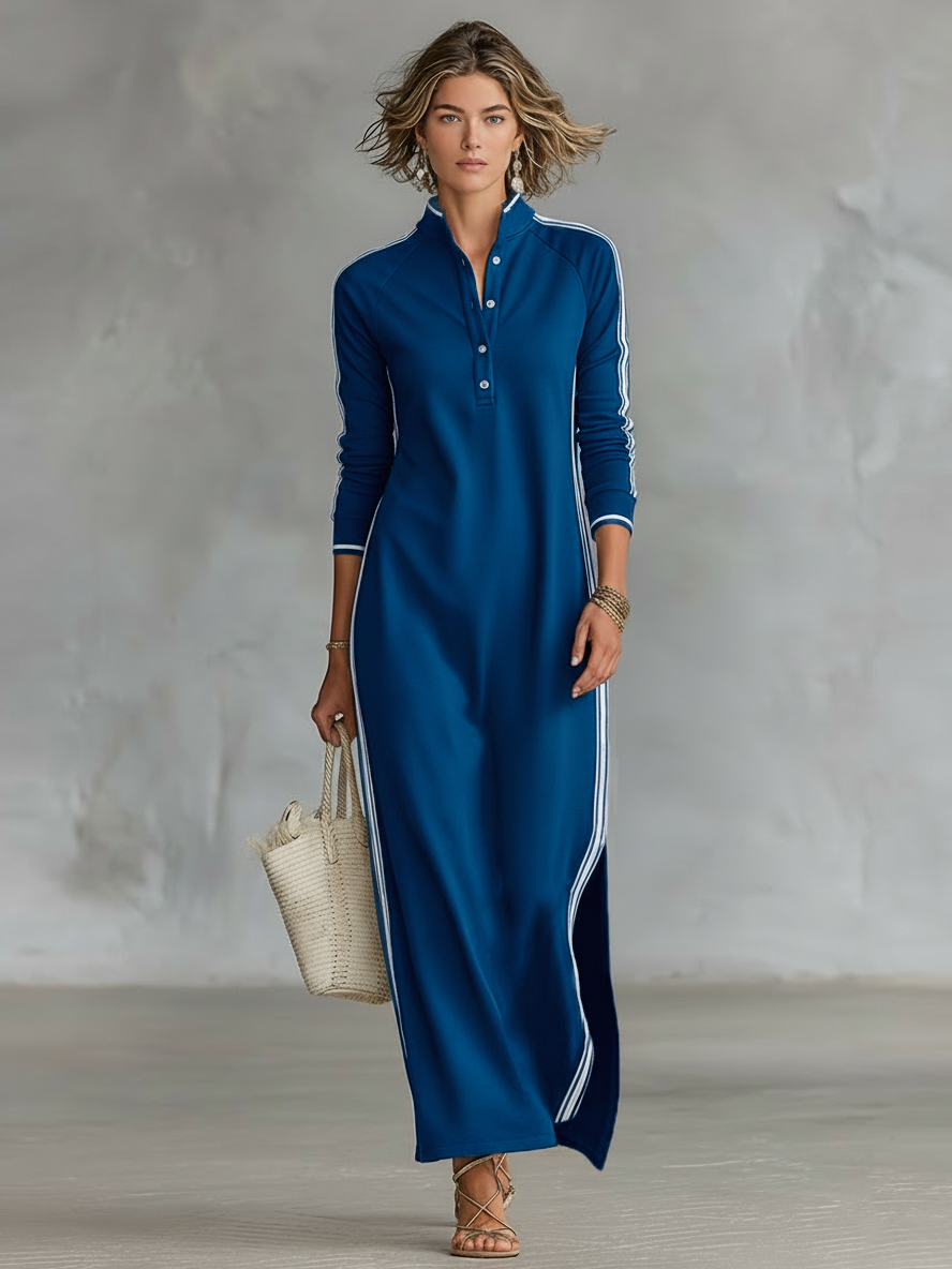 Women's long sleeve maxi dress, casual style, featuring a stand collar and distinctive contrast trim.