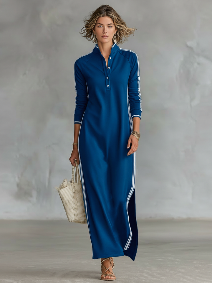 Women's long sleeve maxi dress, casual style, featuring a stand collar and distinctive contrast trim.
