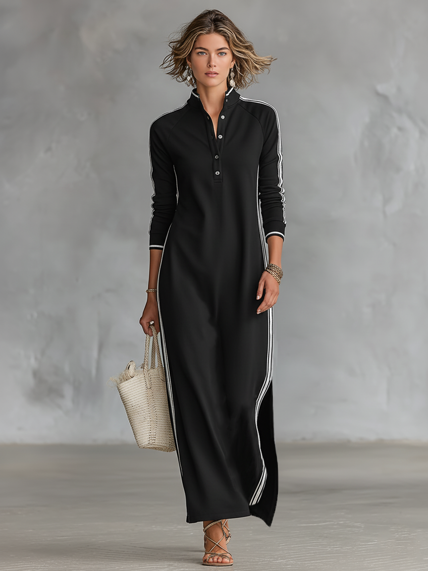 Chic casual women's maxi dress, long sleeve with stand collar & contrast trim, perfect for versatile wear.