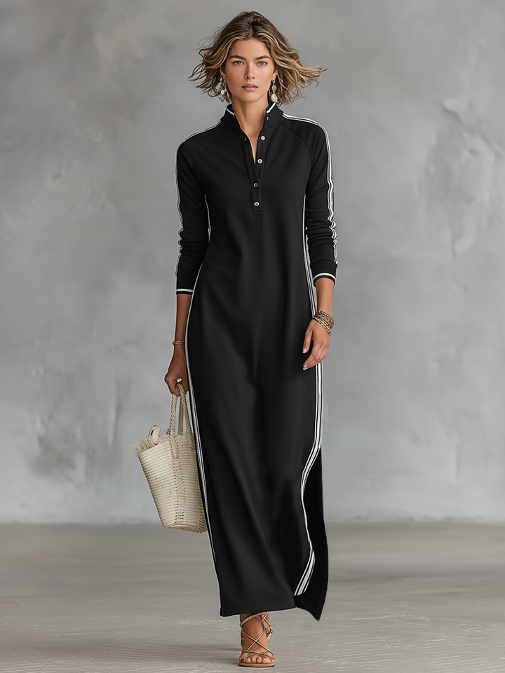 Chic casual women's maxi dress, long sleeve with stand collar & contrast trim, perfect for versatile wear.