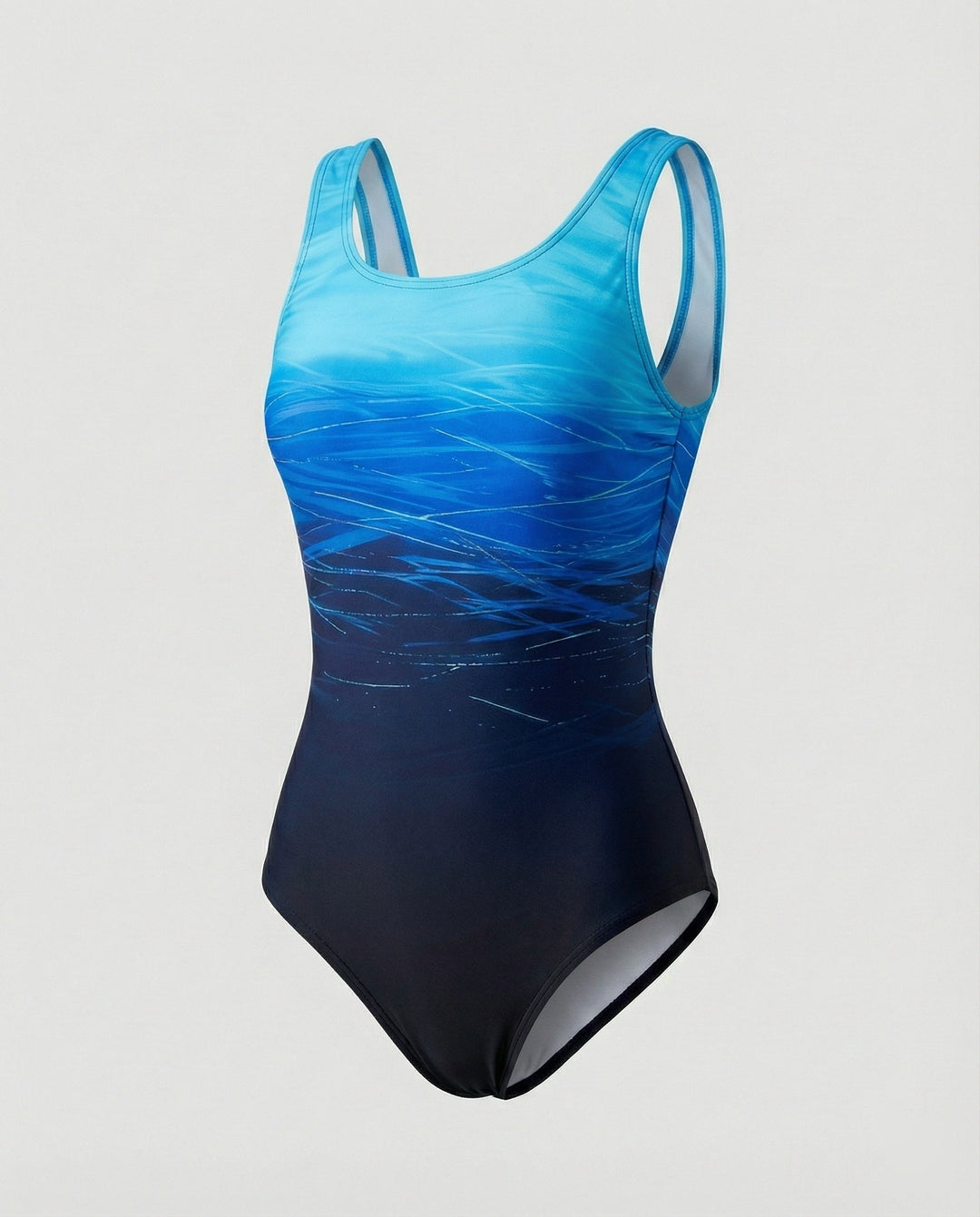 Sporty women's ombre one-piece swimsuit. Quick-dry activewear for swimming, beach, & pool. Gradient swimwear design.