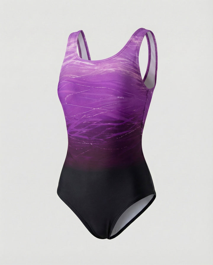 Versatile women's ombre one-piece swimsuit. Sporty, quick-dry swimwear for beach, pool, & active vacation. Gradient.