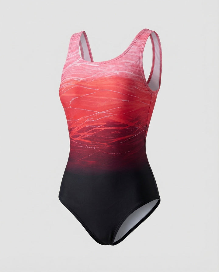 Women's sporty ombre one-piece swimsuit with quick-dry fabric. Gradient swimwear ideal for beach, pool, and active vacation.