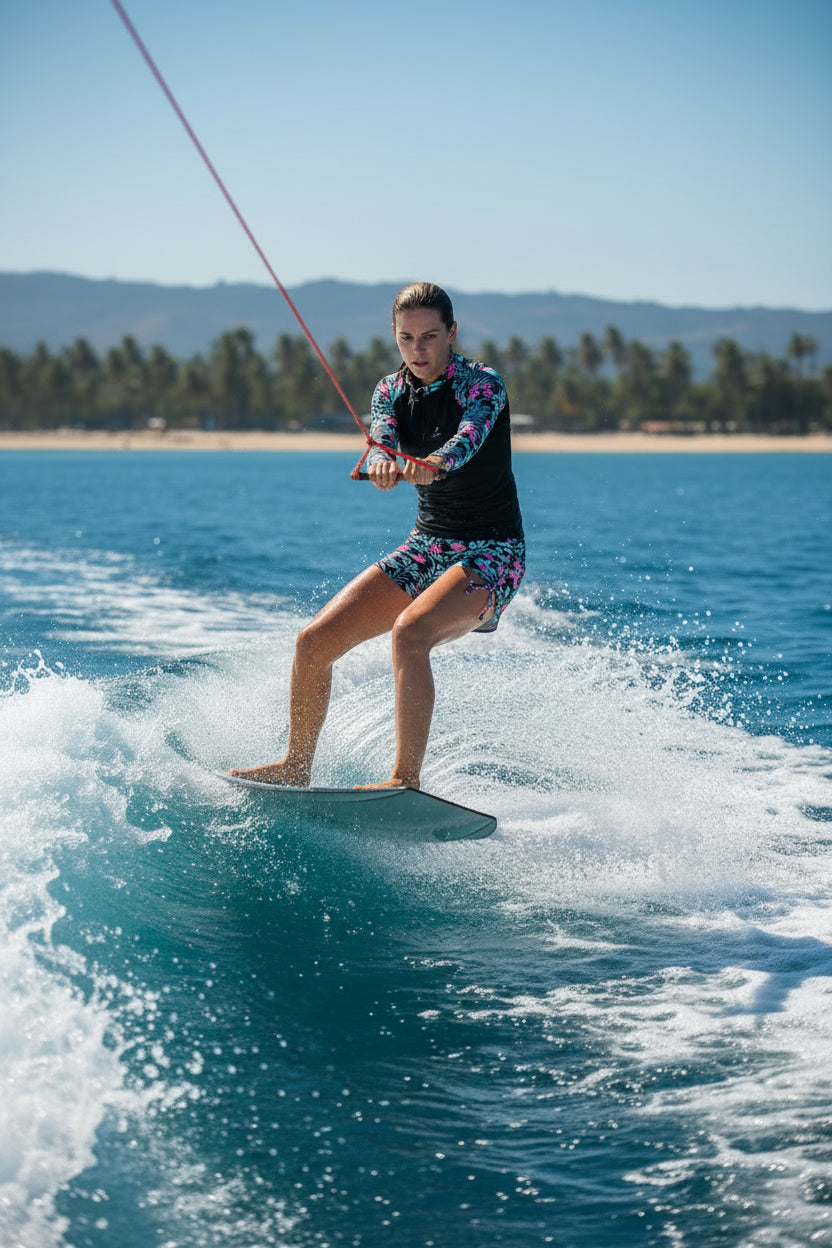 Women's sporty tropical print rashguard two-piece swimwear set, great for vacation and summer activities.