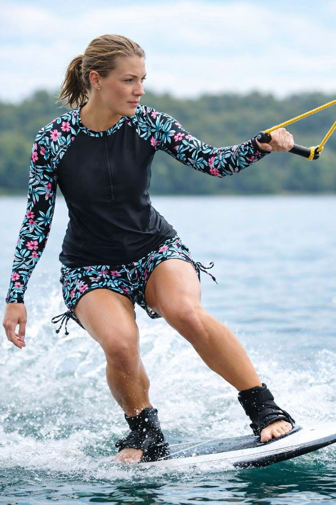 Full view of a women's tropical print rashguard two-piece swimsuit, perfect for sporty sun-protected beach days.