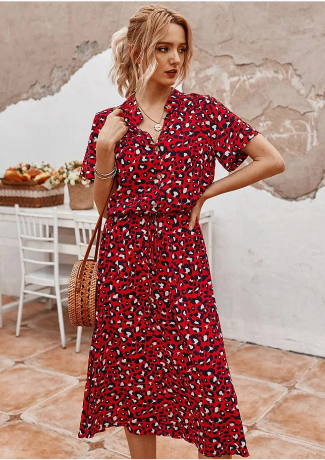 Spotted print midi dress, button-down front, V-neck & comfortable flowy fit.