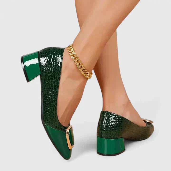Elegant women's block heel loafers, square toe, featuring a stylish buckle. Ideal for office or casual.