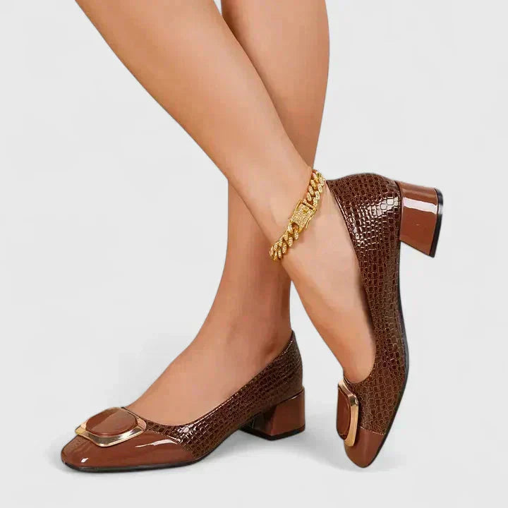 Side view of women's square toe block heel loafers with chic buckle, showcasing elegant design.