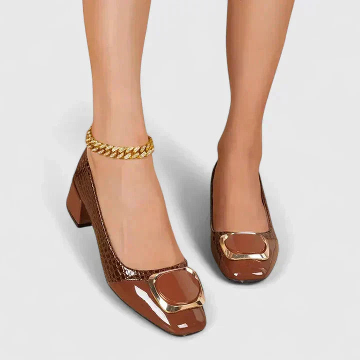 Classic women's square toe loafers with sturdy block heel and decorative buckle, suitable for daily wear.