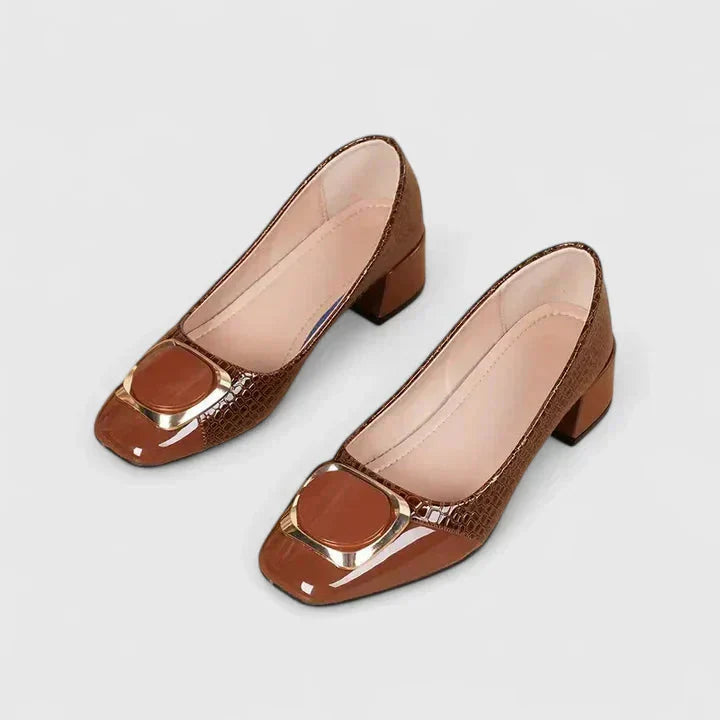 Stylish women's block heel loafers, square toe, with buckle accent. Great for professional or casual elegant outfits.