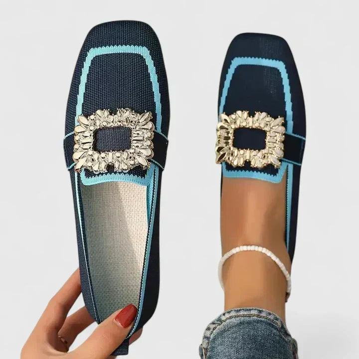 Women's square toe slip-on mules with rhinestone buckle. Elegant, comfortable flat footwear for ladies.