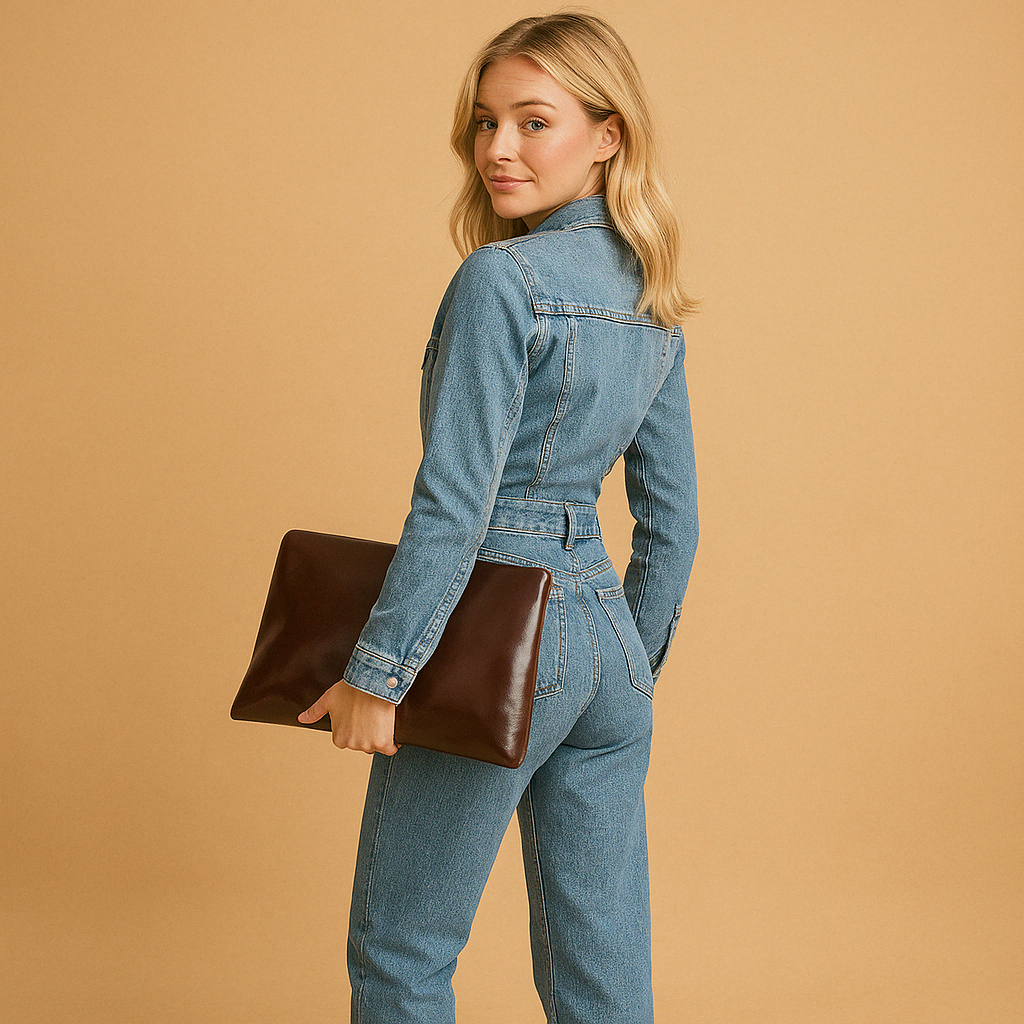 Chic women's straight leg jumpsuit with long sleeves, featuring a stylish denim-look fabric for modern fashion.