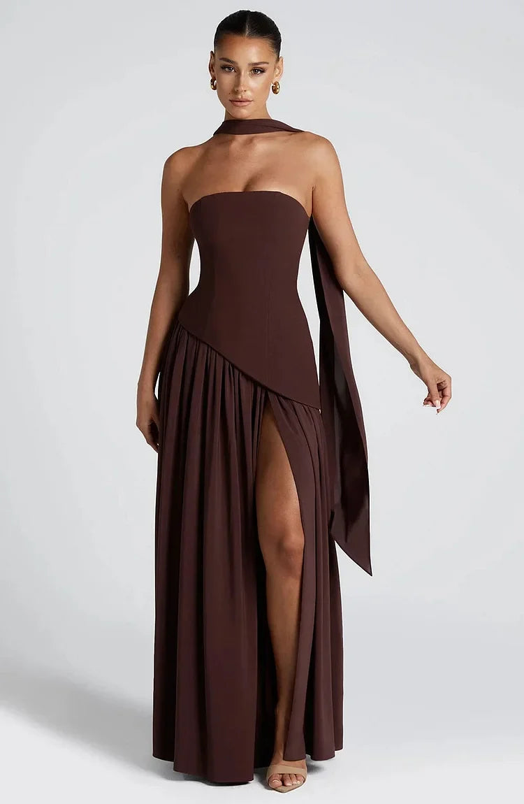 Premium women's strapless asymmetric hem maxi dress for sophisticated party wear.