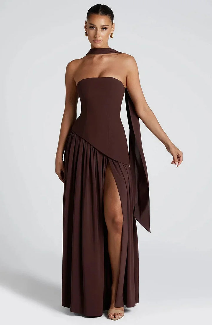 Premium women's strapless asymmetric hem maxi dress for sophisticated party wear.