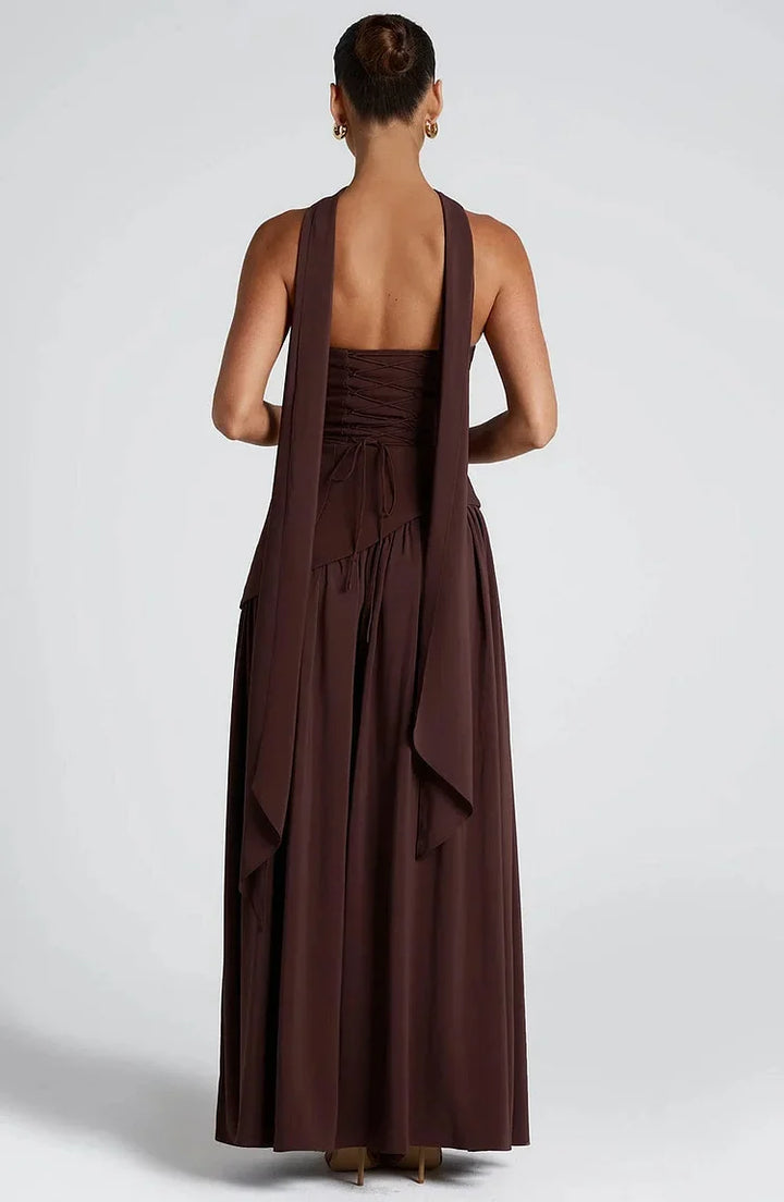 Sophisticated strapless asymmetric maxi dress, perfect for elegant formal wear.