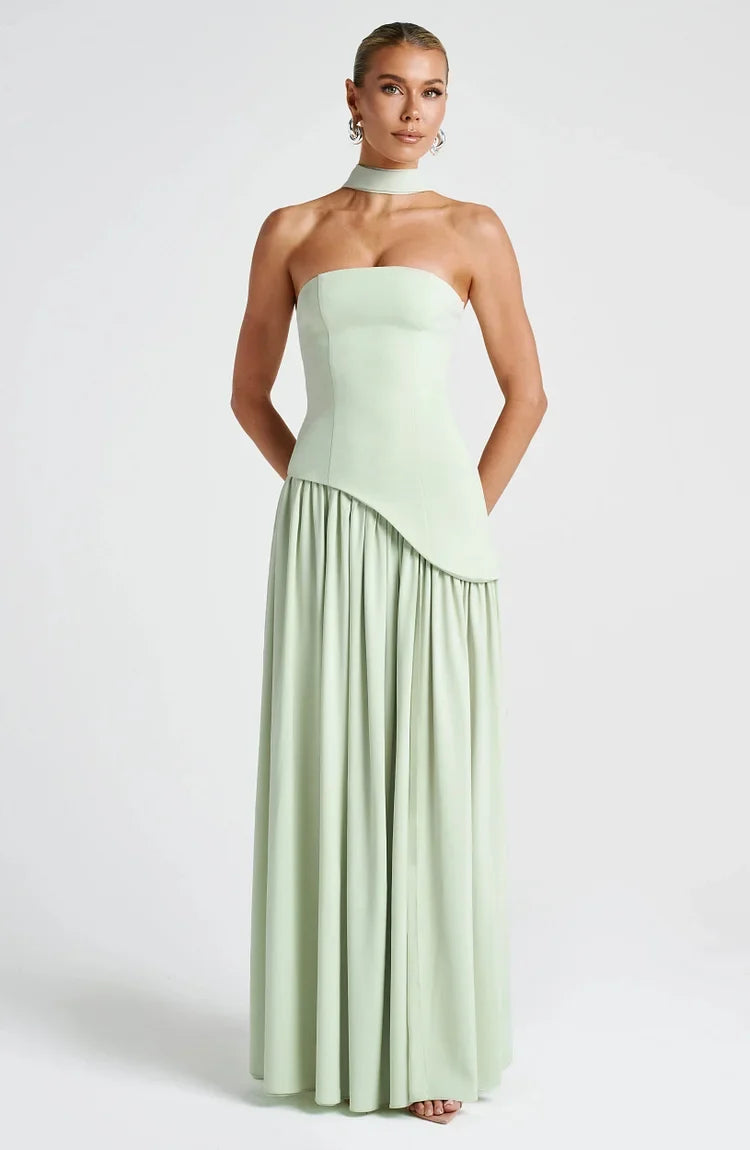 Comfortable yet elegant strapless asymmetric maxi dress, perfect for long evenings.