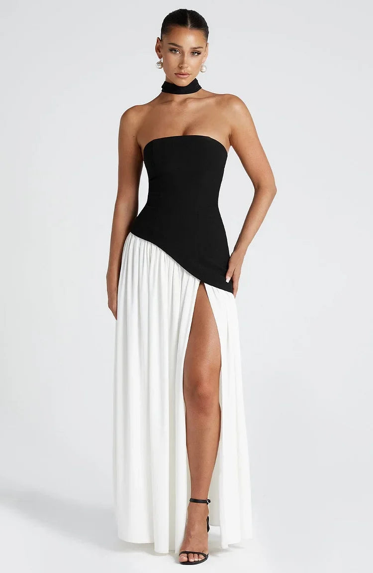 Stylish strapless asymmetric maxi dress, perfect for parties and special occasions.