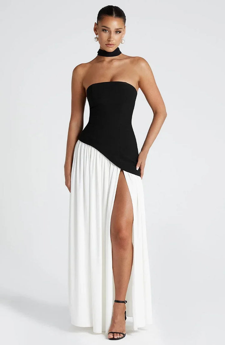 Stylish strapless asymmetric maxi dress, perfect for parties and special occasions.
