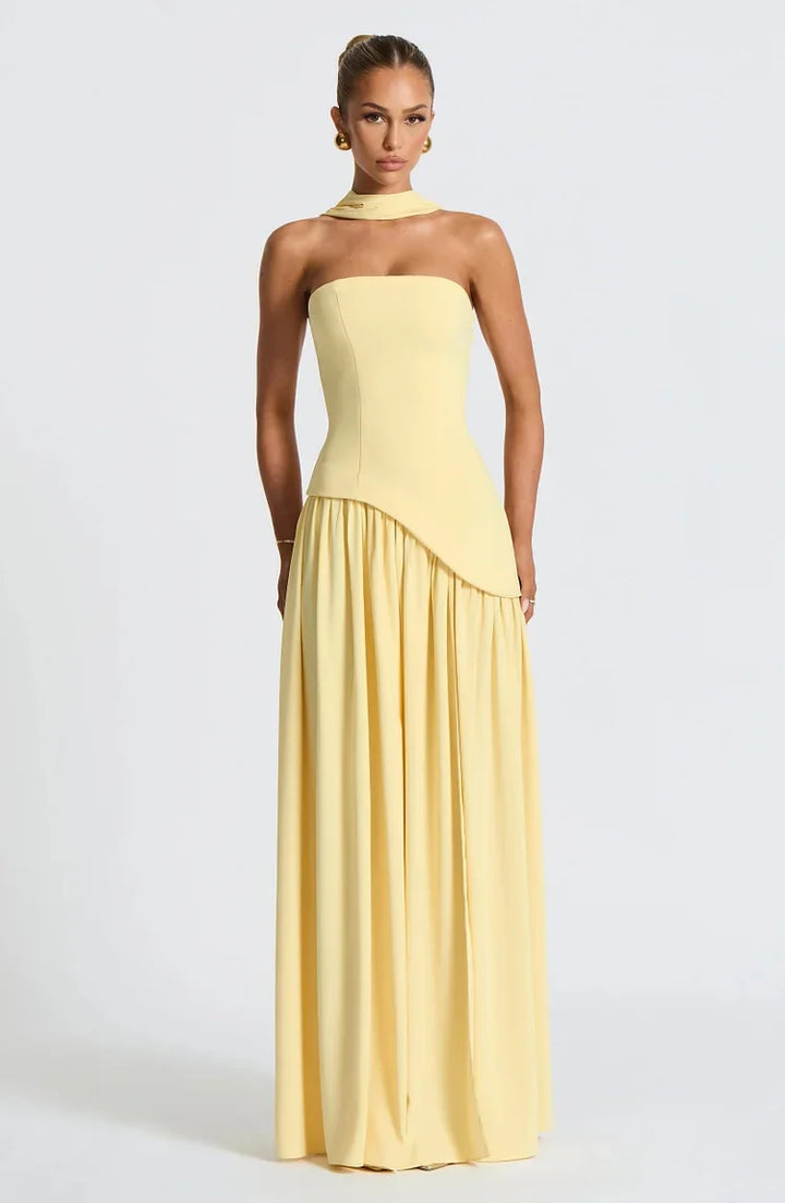 Standout strapless asymmetric maxi dress for formal wear and special occasions.