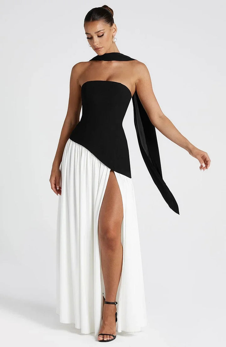 Fashionable women's strapless maxi gown with an elegant asymmetric high-low hem.