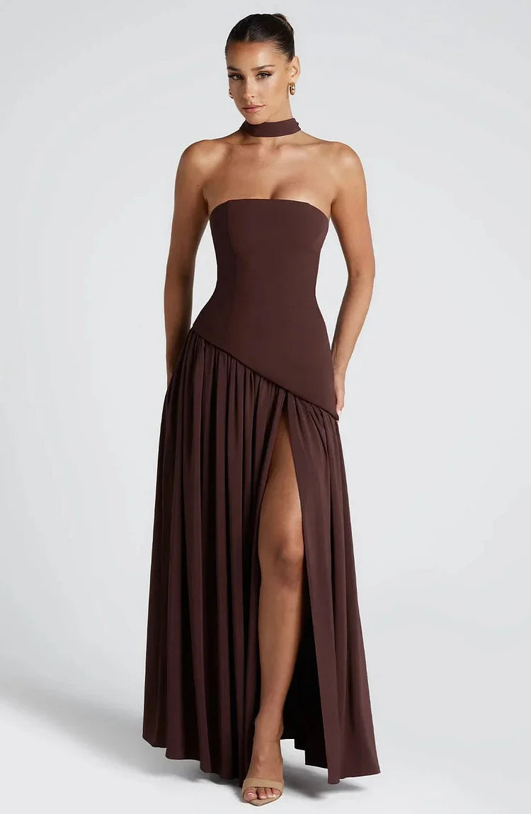 Versatile strapless asymmetric maxi dress, great for evening, party, or formal occasions.